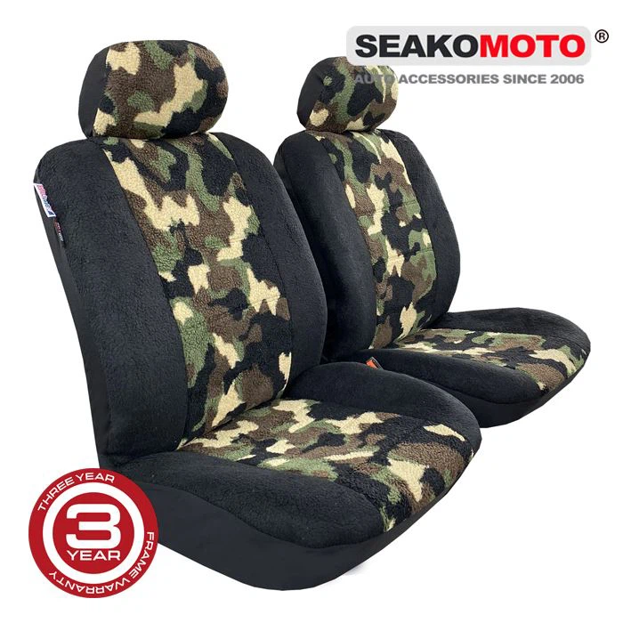 Green Camo W/t Black Sheepskin Plush Velour Front Car Seat Covers